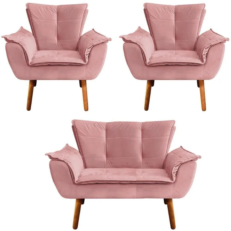 Conjunto 2 Poltronas e 1 Namoradeira Charger G19 Veludo Rosê Gran Belo