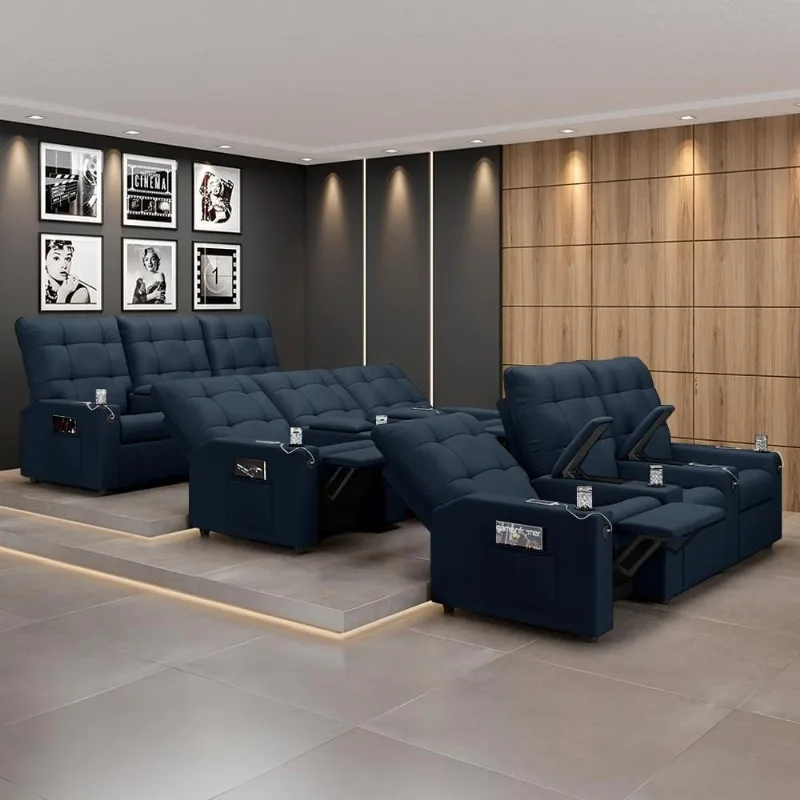 Sofá Movie 3 Lugares Reclinável 240cm Azul Veludo com Baú e Usb