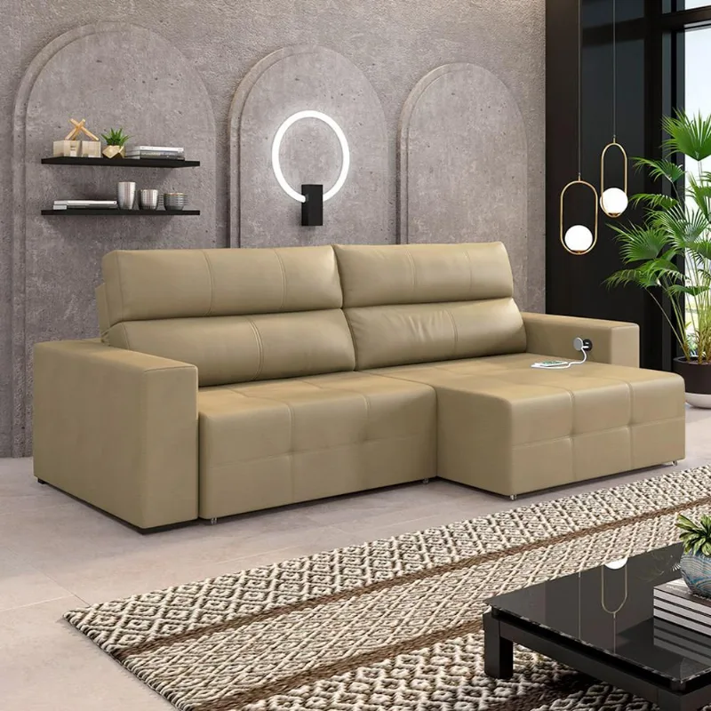 Sofá Retrátil 4 Lugares 264cm 2 Módulos Nero com USB Couro Bege G52 - Gran Belo