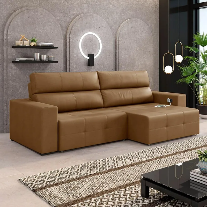 Sofá Retrátil 4 Lugares 284cm 2 Módulos Nero com USB Couro Caramelo G52 - Gran Belo