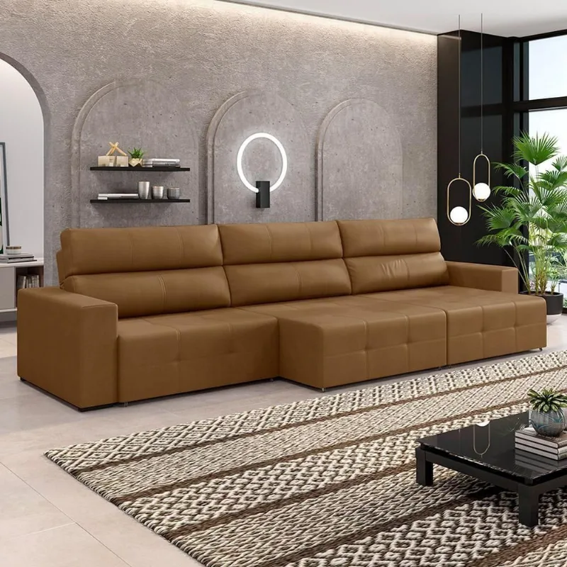 Sofá Nero Couro Caramelo G52 4 Lugares Retrátil 284cm Encosto Reclinável