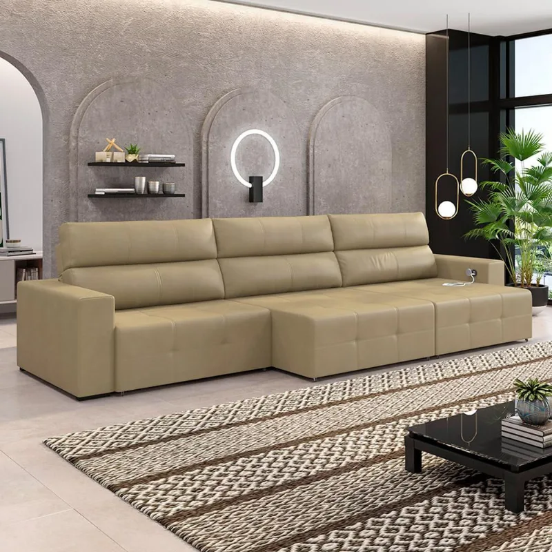 Sofá Retrátil 5 Lugares 344cm 3 Módulos Nero com USB Couro Bege G52 - Gran Belo
