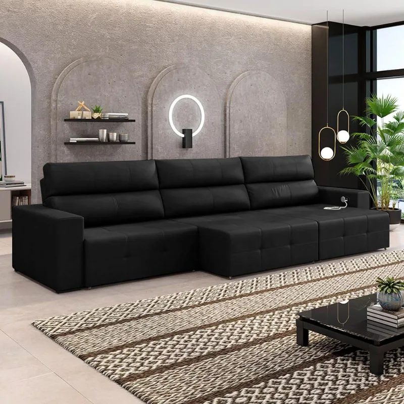 Sofá Retrátil 5 Lugares 344cm 3 Módulos Nero com USB Couro Preto G52 - Gran Belo