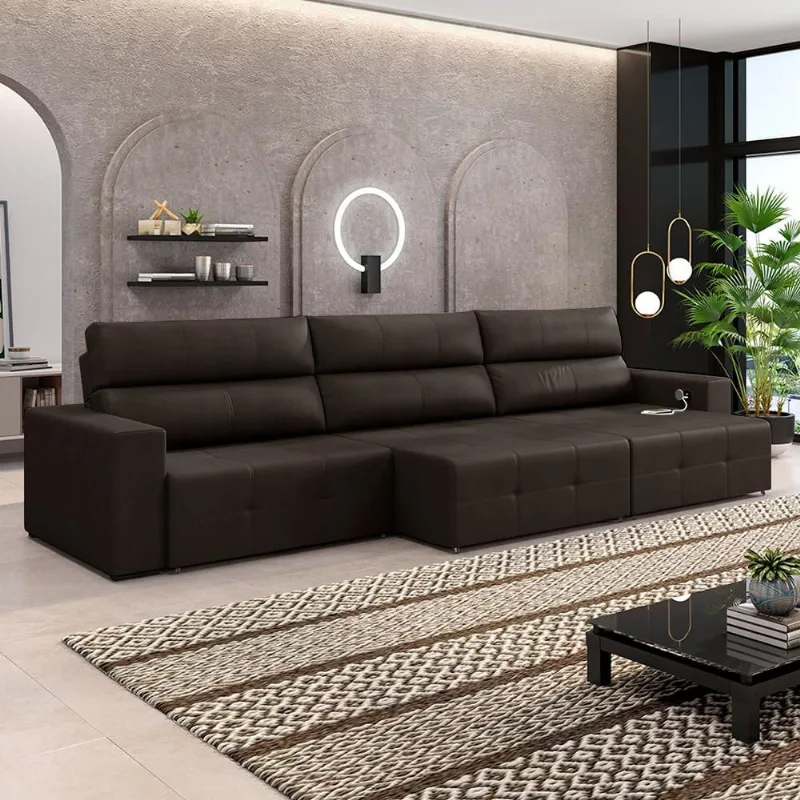 Sofá Retrátil 5 Lugares 374cm 3 Módulos Nero com USB Couro Marrom G52 - Gran Belo