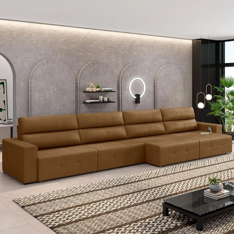 Sofá Retrátil 6 Lugares 404cm 4 Módulos Nero com USB Couro Caramelo G52 - Gran Belo