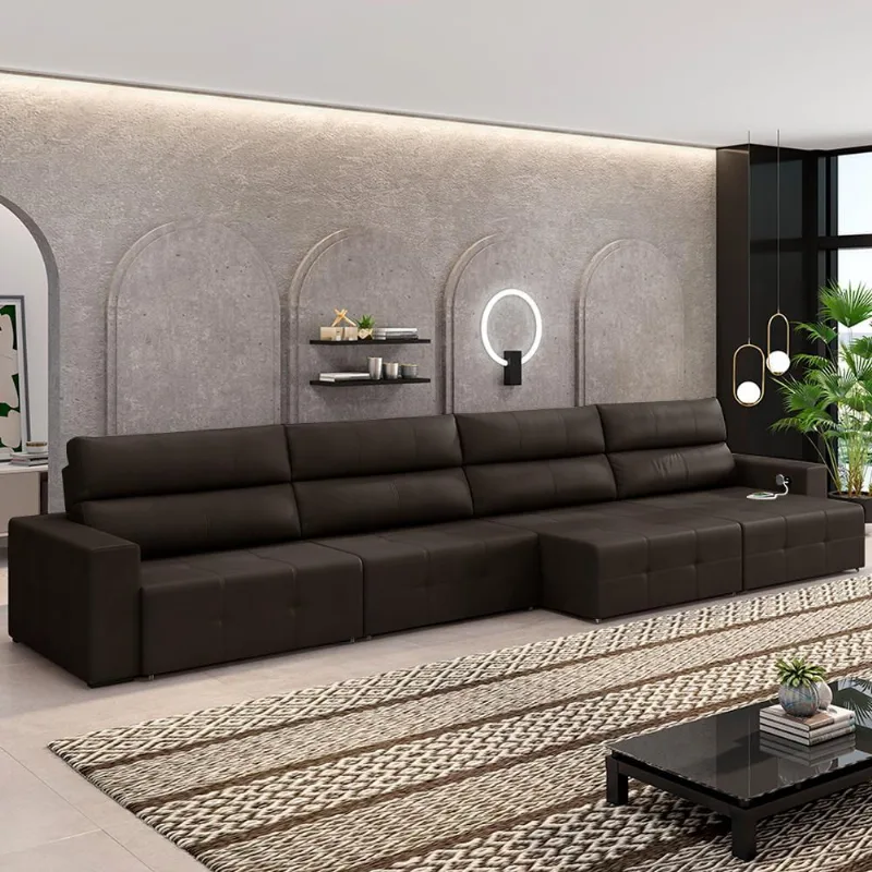 Sofá Retrátil 8 Lugares 524cm 4 Módulos Nero com USB Couro Marrom G52 - Gran Belo