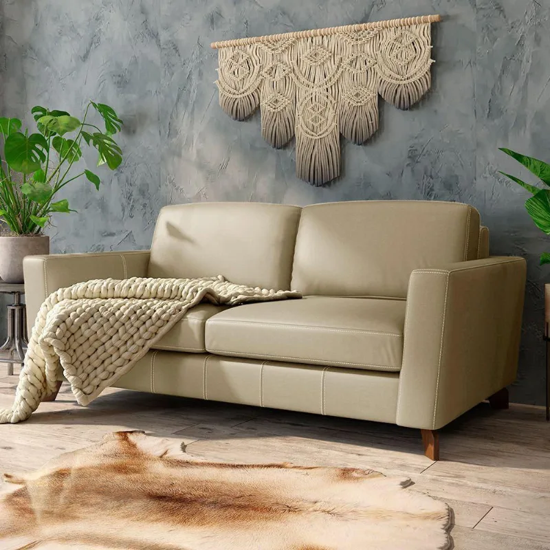 Sofá Sala De Estar Living 3 Lugares 220cm Presley Pés Madeira Couro Bege G52 - Gran Belo