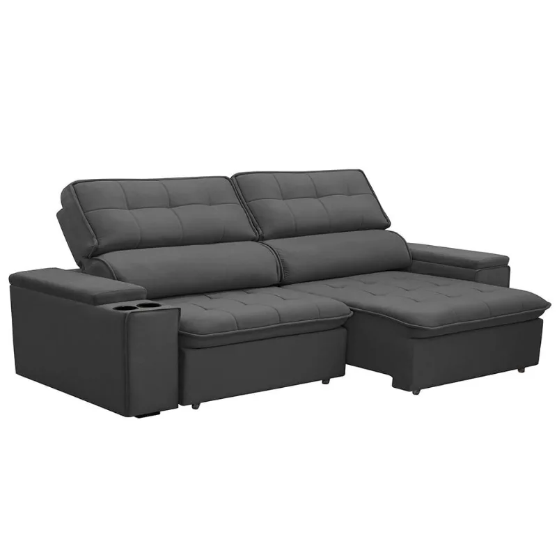 Sofá Retrátil e Reclinável 3 Lugares 210cm Zoho Porta Copos no Braço Veludo Grafite G22 - Gran Belo
