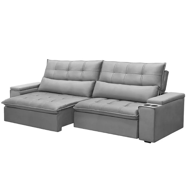 Sofá Retrátil E Reclinável 3 Lugares 230cm Robem Porta Copos No Braço Veludo Cinza G22 - Gran Belo