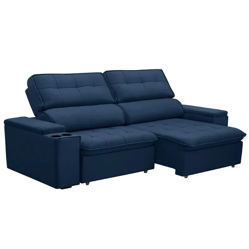 Sofá Retrátil e Reclinável 3 Lugares 230cm Zoho Porta Copos no Braço Veludo Azul G22 - Gran Belo