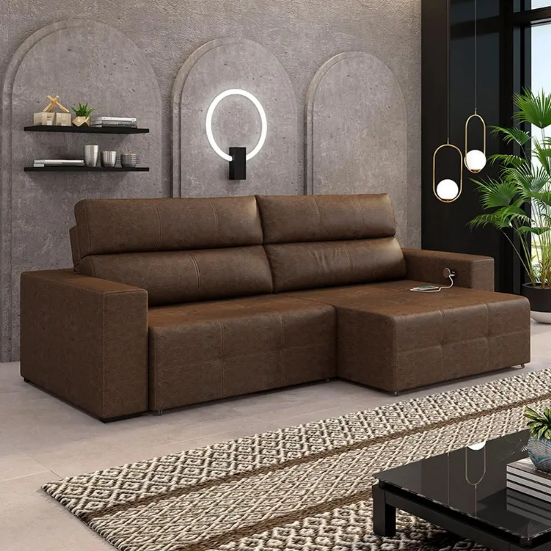 Sofá Retrátil 3 Lugares 244cm 2 Módulos Nero com USB Couro Manchado G52 - Gran Belo