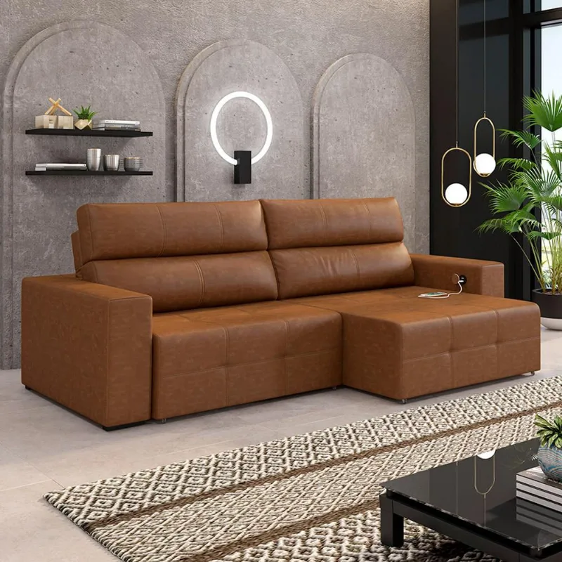 Sofá Retrátil 4 Lugares 264cm 2 Módulos Nero com USB Couro Manchado Claro G52 - Gran Belo