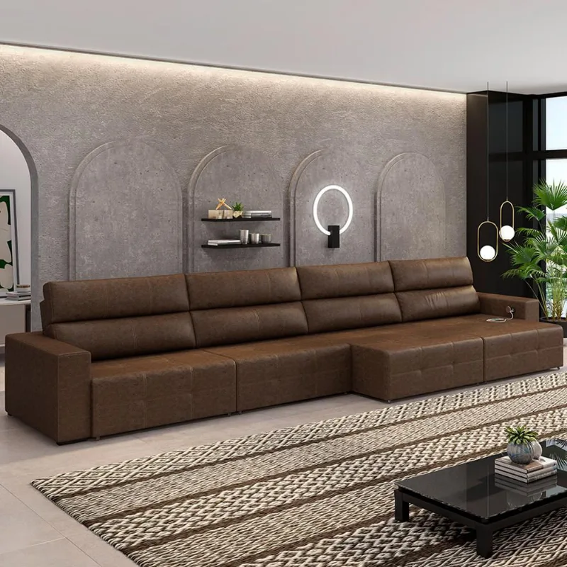 Sofá Retrátil 6 Lugares 364cm 4 Módulos Nero com USB Couro Manchado G52 - Gran Belo