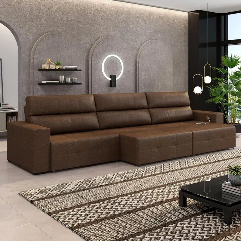 Sofá Retrátil 6 Lugares 404cm 3 Módulos Nero com USB Couro Manchado G52 - Gran Belo