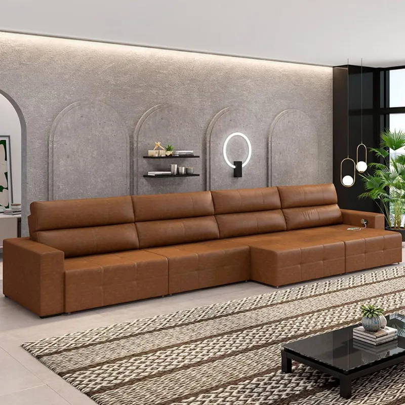 Sofá Retrátil 6 Lugares 444cm 4 Módulos Nero com USB Couro Manchado Claro G52 - Gran Belo