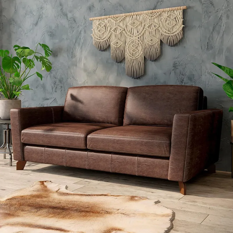 Sofá Sala de Estar Living 3 Lugares 240cm Presley Pés Madeira Couro Marrom Manchado G52 - Gran Belo