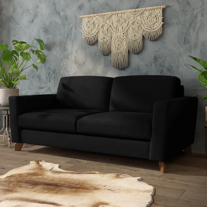 Sofá Sala De Estar Living 3 Lugares 240cm Presley Pés Madeira Veludo Preto G52 - Gran Belo