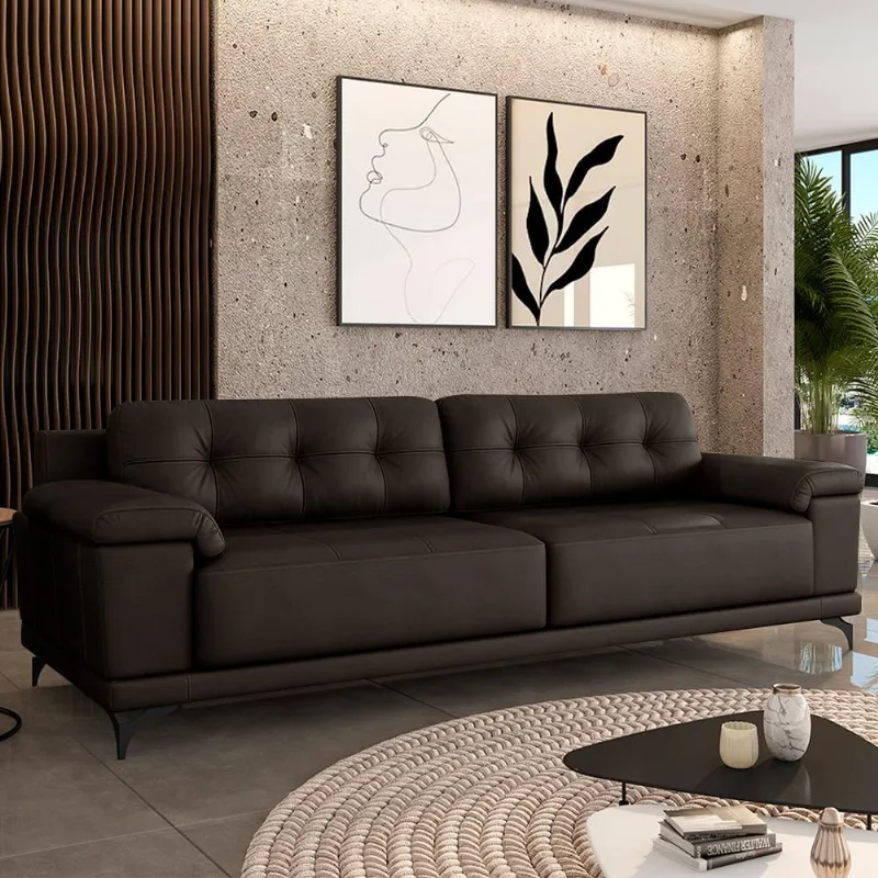 Sofá Living 4 lugares 272cm Agostino Pés Design em Ferro Couro Marrom G52 - Gran Belo