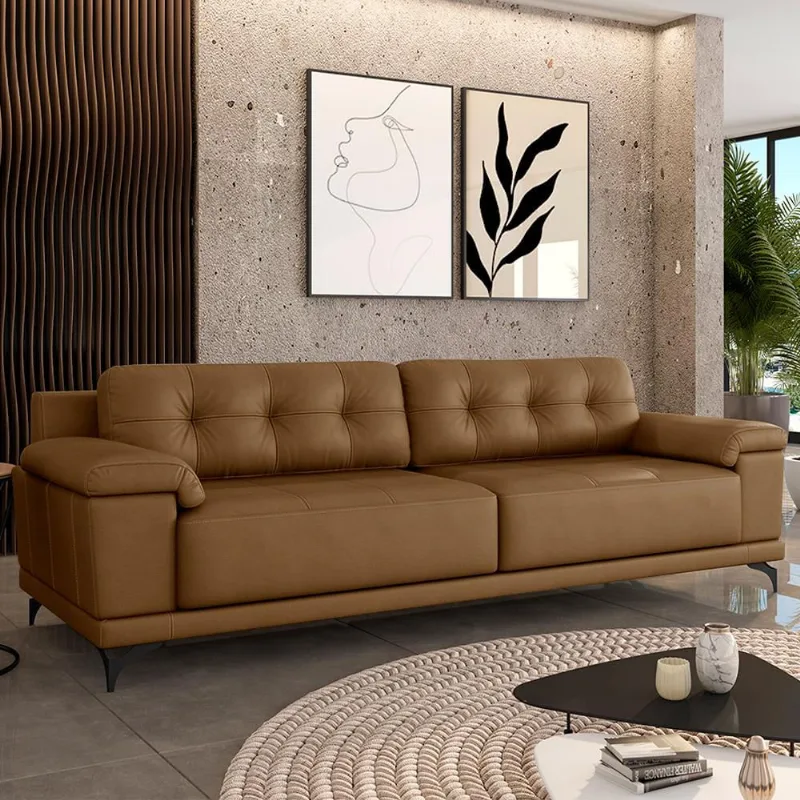 Sofá Living 4 lugares 252cm Agostino Pés Design em Ferro Couro Caramelo G52 - Gran Belo