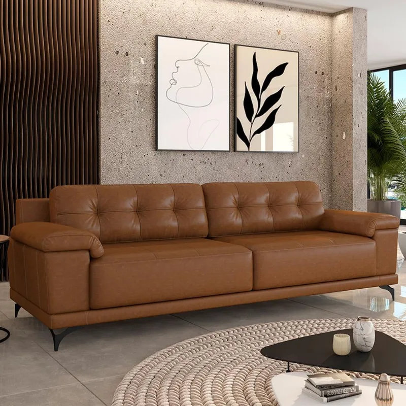 Sofá Living 4 lugares 252cm Agostino Pés Design em Ferro Couro Caramelo Manchado G52 - Gran Belo