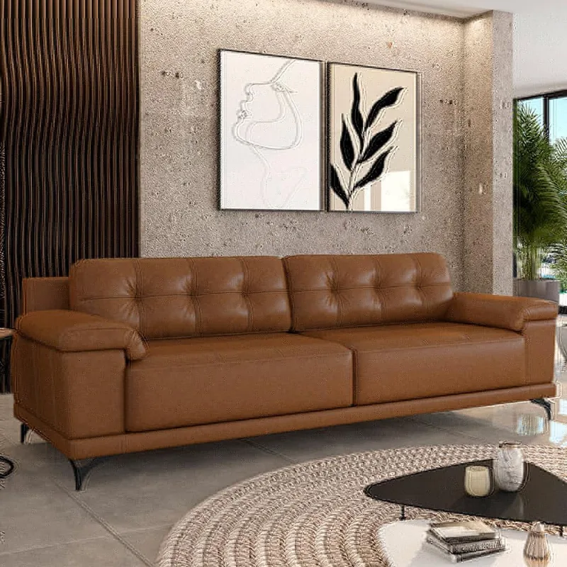 Sofá Living 4 lugares 292cm Agostino Pés Design em Ferro Couro Caramelo Manchado G52 - Gran Belo