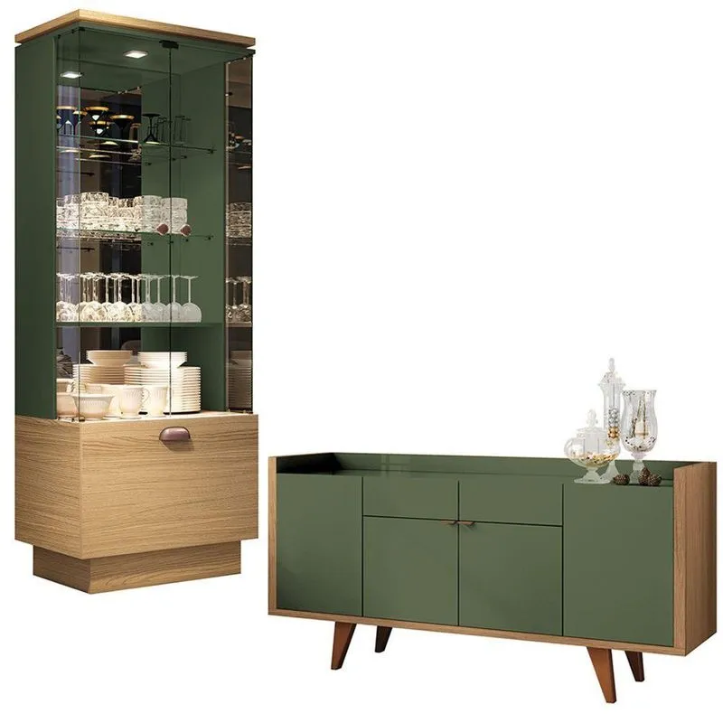 Conjunto Decorativo Cristaleira E Buffet Aparador Peggy-albâni Verde Pistache-freijó G26 - Gran Belo