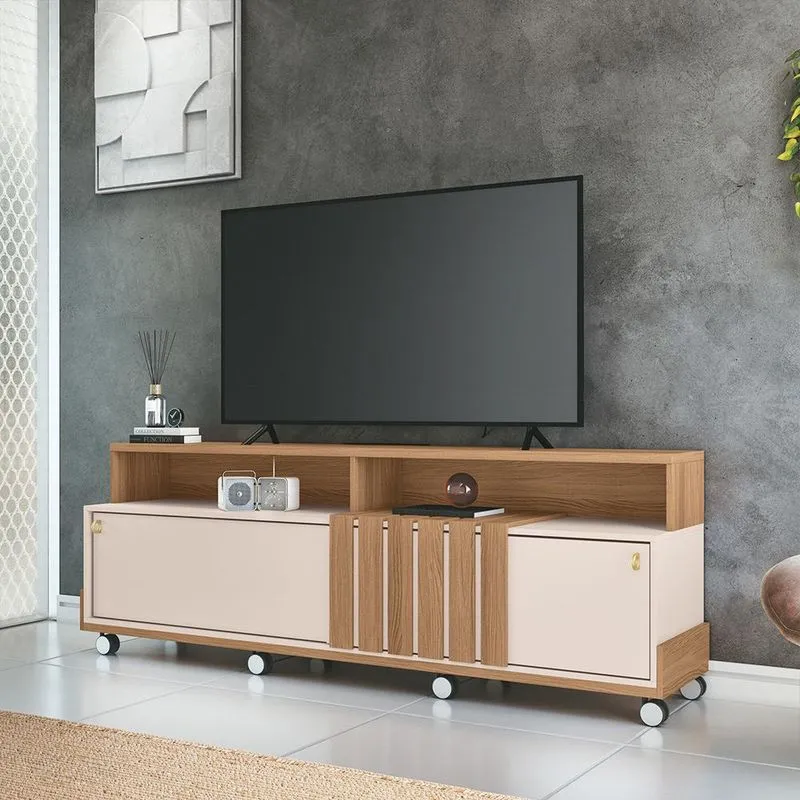 Bancada Decorativa Glamour Tv Até 70 Pol Ripada Mdp/mdf Pés Rodízio Freijó/off White G26 - Gran Belo