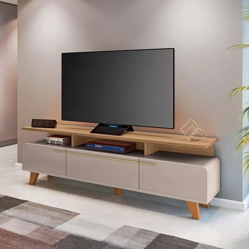 Bancada Decorativa Riven Tv Até 70 Pol Mdp/mdf Pés De Madeira Off White/freijó G26 - Gran Belo