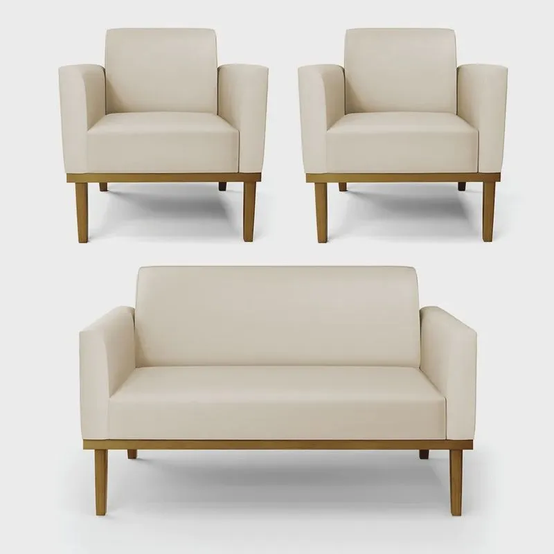 Conjunto 2 Poltronas e 1 Namoradeira Decorativa Isabella Pés Fixo em Madeira Castanho pu Bege G19 - Gran Belo