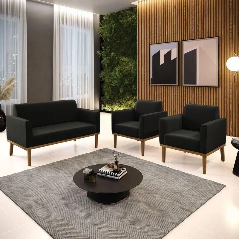 Conjunto 2 Poltronas E 1 Namoradeira Decorativa Pés Fixo Em Madeira Castanho Suede Preto