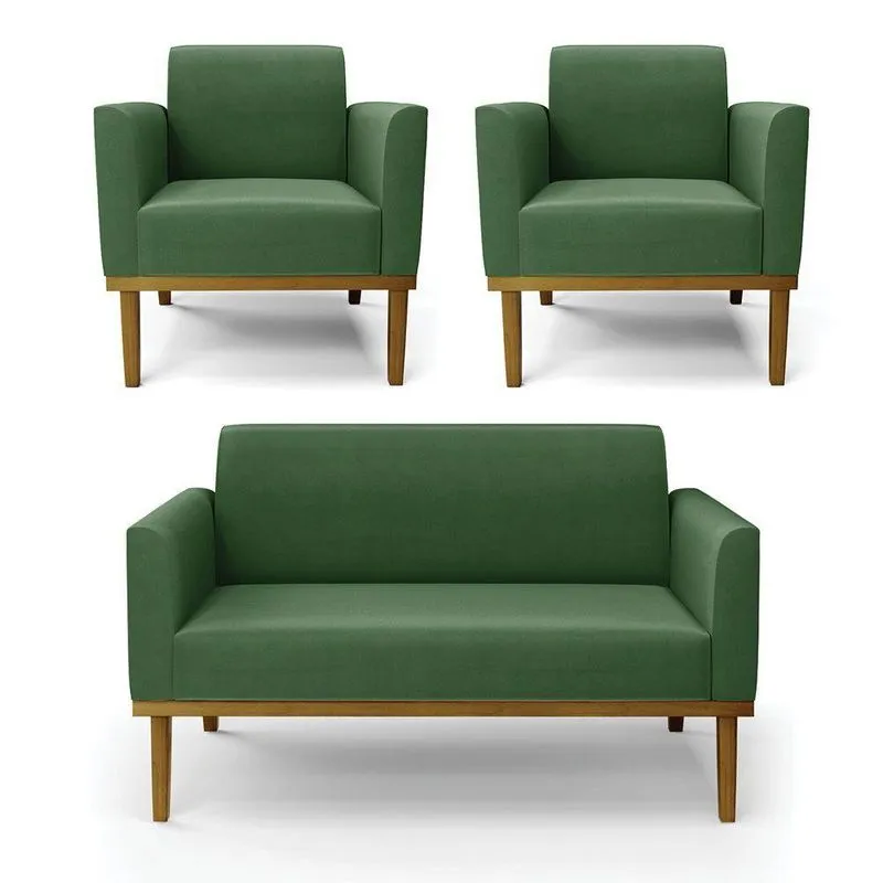 Conjunto 2 Poltronas E 1 Namoradeira Decorativa Pés Fixo Em Madeira Castanho Suede Verde