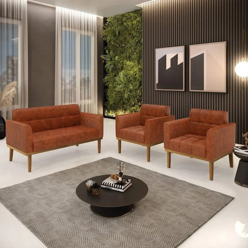 Conjunto 2 Poltronas E 1 Namoradeira Decorativa Pés Fixo Em Madeira Castanho Pu Nozes