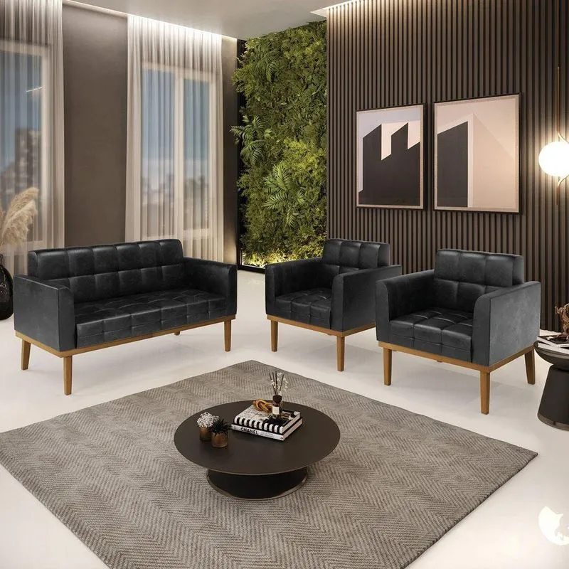 Conjunto 2 Poltronas E 1 Namoradeira Decorativa Pés Fixo Em Madeira Castanho Pu Preto Brilho