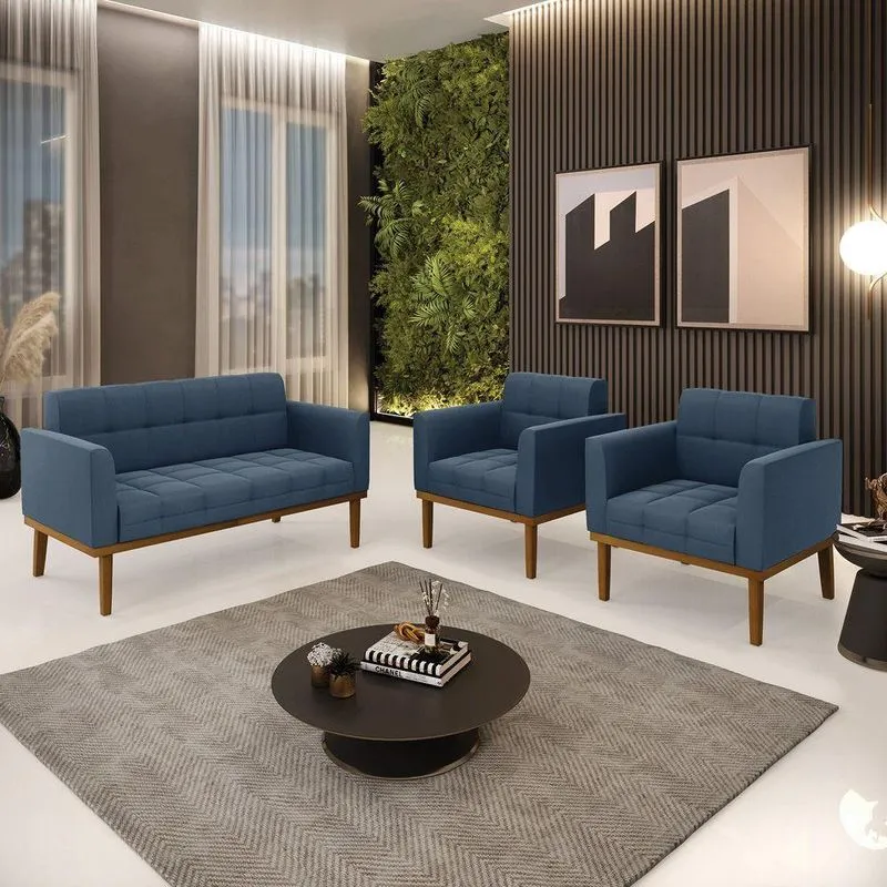 Conjunto 2 Poltronas E 1 Namoradeira Decorativa Pés Fixo Em Madeira Castanho Suede Azul Marinho
