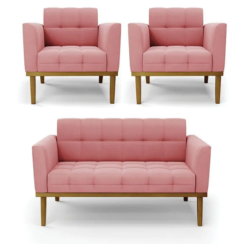 Conjunto 2 Poltronas E 1 Namoradeira Decorativa Pés Fixo Em Madeira Castanho Suede Rose