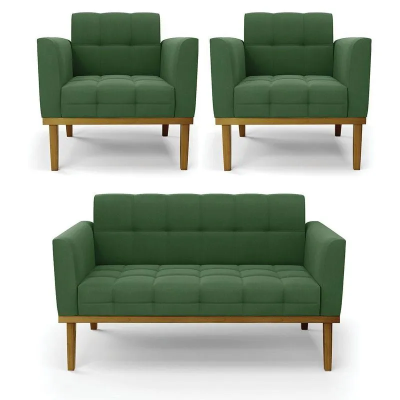 Conjunto 2 Poltronas E 1 Namoradeira Decorativa Pés Fixo Em Madeira Castanho Suede Verde