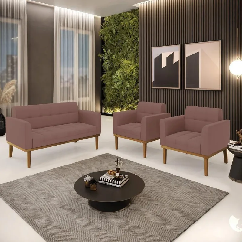 Conjunto Poltronas e Namoradeira Karen Veludo Rose Pés Madeira Gran Belo