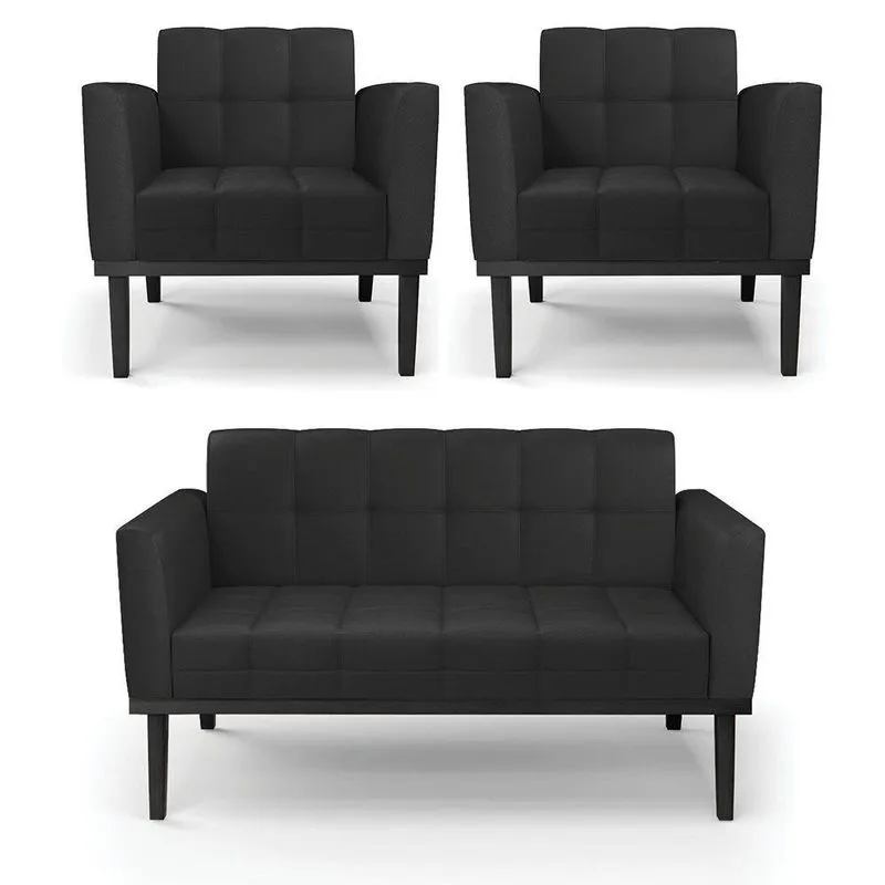 Conjunto 2 Poltronas E 1 Namoradeira Decorativa Pés Fixo Em Madeira Preto Pu Preto