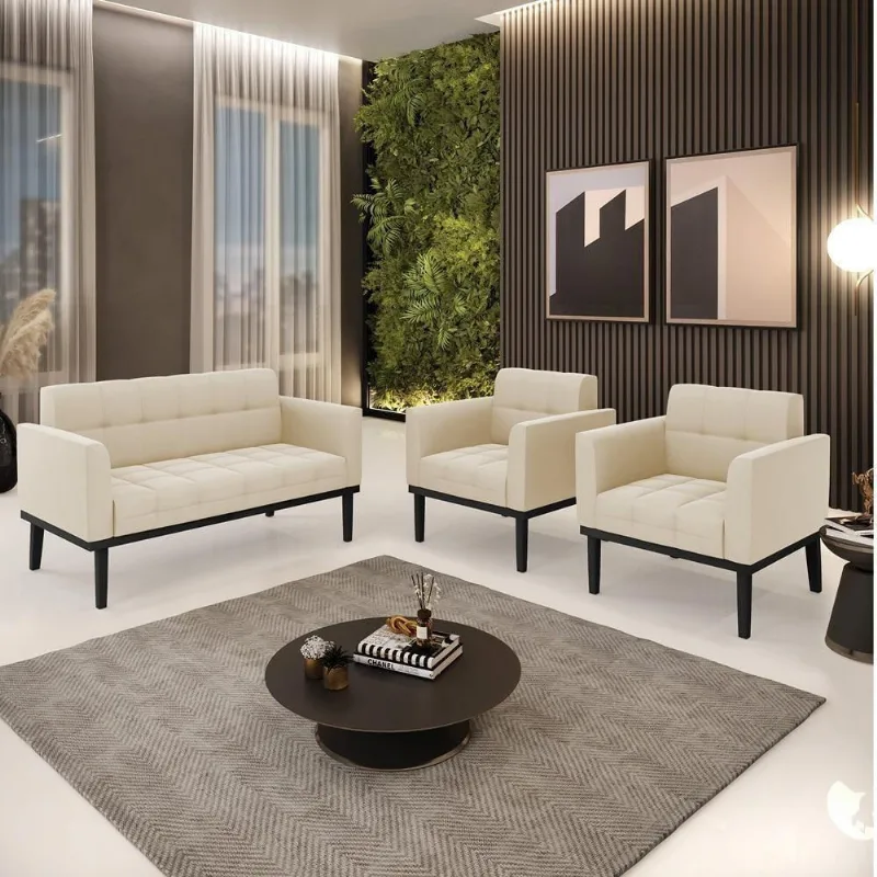 Conjunto 2 Poltronas e 1 Namoradeira Karen G19 Suede Bege com Pés de Madeira Gran Belo