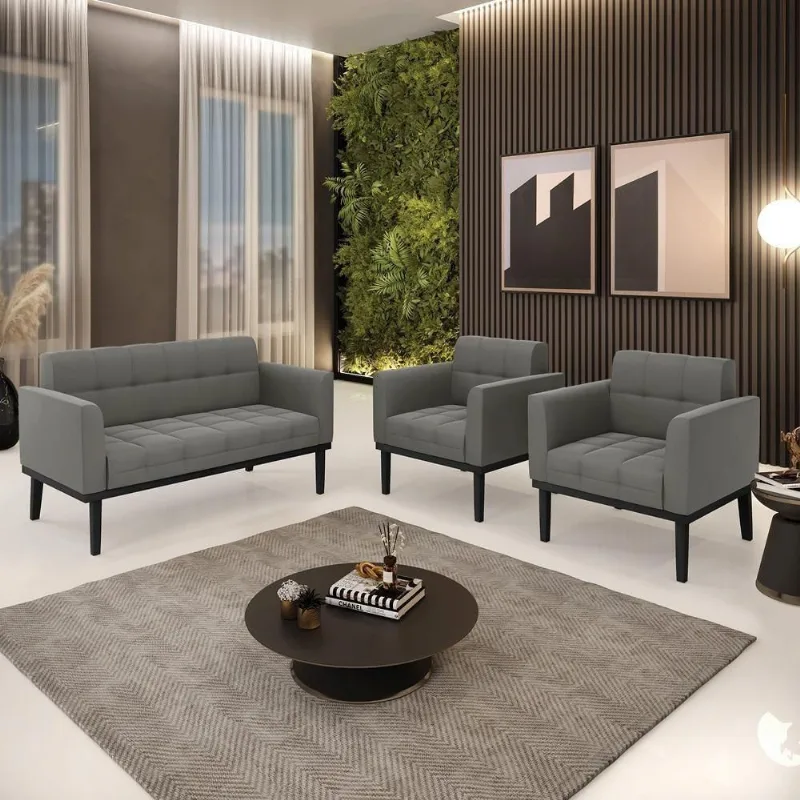 Conjunto 2 Poltronas e 1 Namoradeira Karen Decorativa Suede Grafite G19 Gran Belo