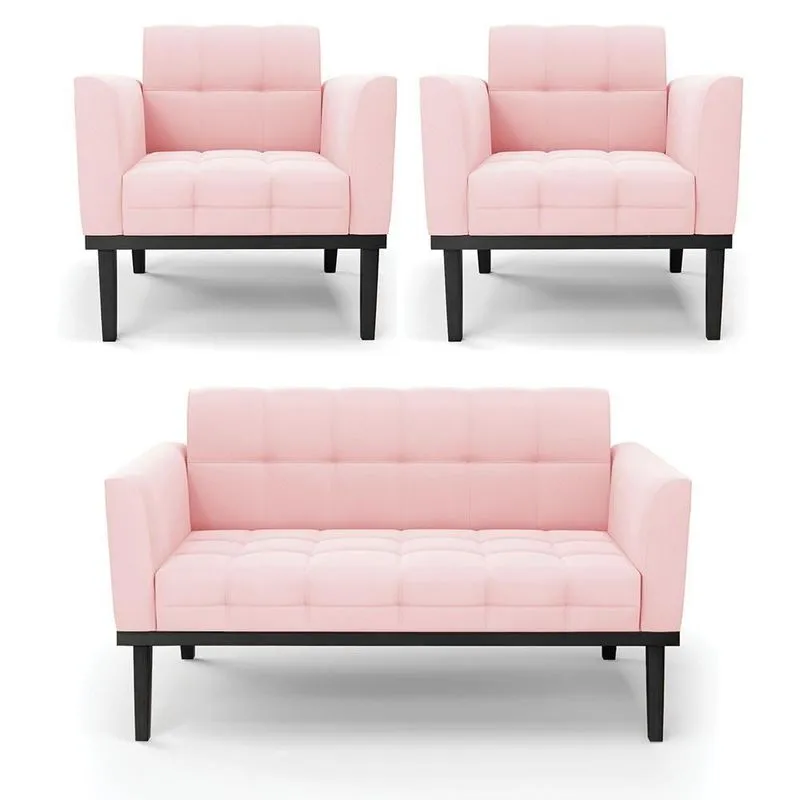 Conjunto 2 Poltronas E 1 Namoradeira Karen G19 Veludo Rosa Bebê Gran Belo