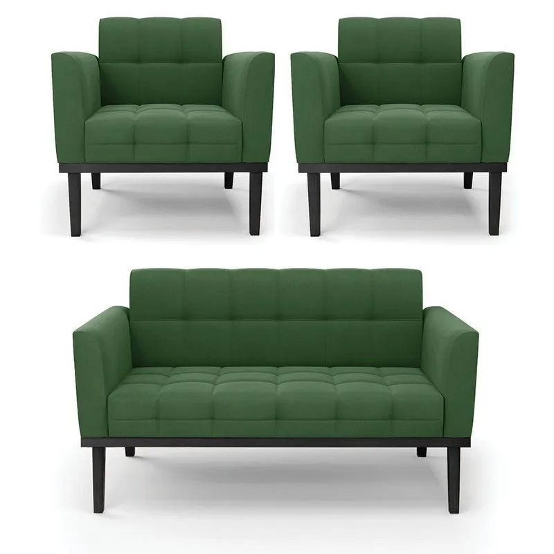 Conjunto 2 Poltronas E 1 Namoradeira Decorativa Pés Fixo Em Madeira Preto Suede Verde