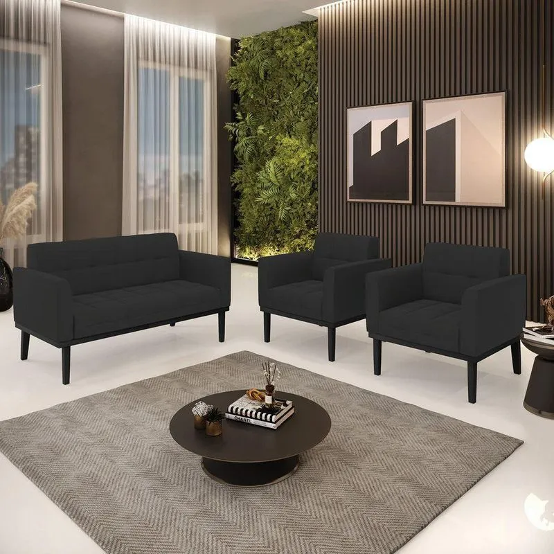 Conjunto 2 Poltronas E 1 Namoradeira Decorativa Pés Fixo Em Madeira Preto Veludo Preto