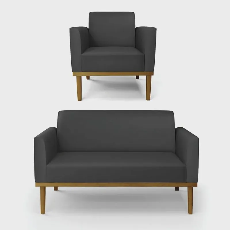 Conjunto Poltrona e Namoradeira Decorativa Isabella Pés Fixo em Madeira Castanho pu Preto G19 - Gran Belo