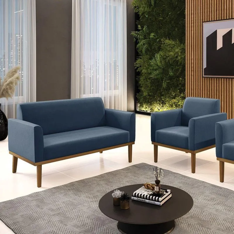 Conjunto Poltrona E Namoradeira Decorativa Pés Fixo Em Madeira Castanho Suede Azul Marinho