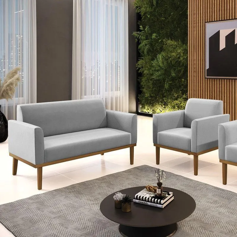Conjunto Poltrona E Namoradeira Decorativa Pés Fixo Em Madeira Castanho Suede Cinza