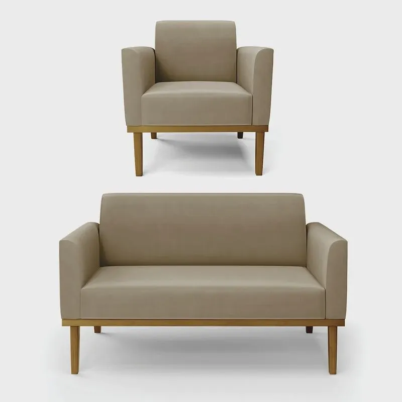 Conjunto Poltrona e Namoradeira Decorativa Isabella Pés Fixo em Madeira Castanho Suede Nude G19 - Gran Belo