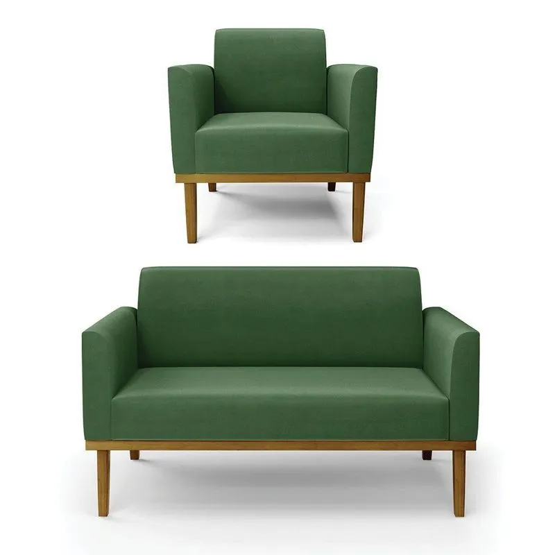 Conjunto Poltrona E Namoradeira Decorativa Pés Fixo Em Madeira Castanho Suede Verde