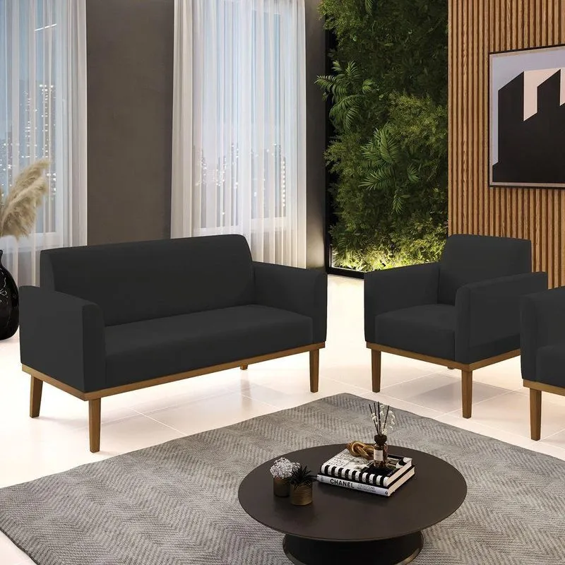 Conjunto Poltrona E Namoradeira Decorativa Pés Fixo Em Madeira Castanho Veludo Preto