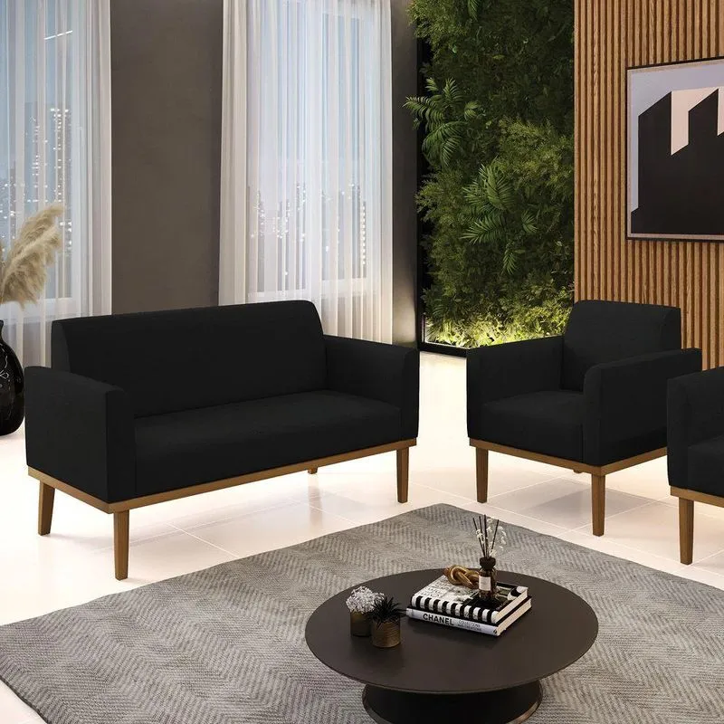Conjunto Poltrona E Namoradeira Decorativa Pés Fixo Em Madeira Preto Linho Preto